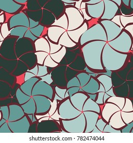 A seamless pattern composed of stylized flowers having the form of pentagons dissected into five petals. Contains six colors.