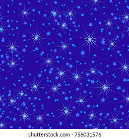 A seamless pattern composed of various stars. Five-color scale. Celebratory background, wallpaper, textiles or texture for 3d graphics.