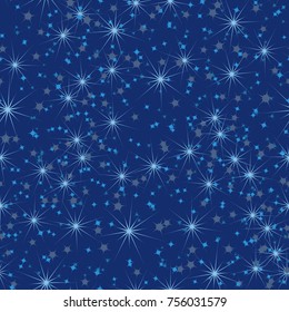 A seamless pattern composed of various stars. Five-color scale. Celebratory background, wallpaper, textiles or texture for 3d graphics.