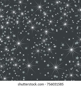 A seamless pattern composed of various stars. Five-color scale. Celebratory background, wallpaper, textiles or texture for 3d graphics.