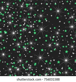 A seamless pattern composed of various stars. Five-color scale. Celebratory background, wallpaper, textiles or texture for 3d graphics.