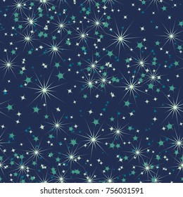 A seamless pattern composed of various stars. Five-color scale. Celebratory background, wallpaper, textiles or texture for 3d graphics.