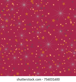 A seamless pattern composed of various stars. Five-color scale. Celebratory background, wallpaper, textiles or texture for 3d graphics.