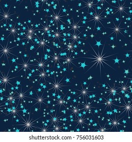 A seamless pattern composed of various stars. Five-color scale. Celebratory background, wallpaper, textiles or texture for 3d graphics.