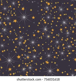 A seamless pattern composed of various stars. Five-color scale. Celebratory background, wallpaper, textiles or texture for 3d graphics.