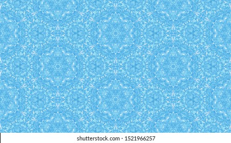 Seamless pattern composed of winter snow pattern. Ice snowflakes in honeycomb. Shades of blue.