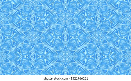 Seamless pattern composed of winter snow pattern. Ice snowflakes in honeycomb. Shades of blue.