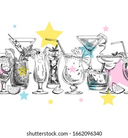 Seamless pattern composition with alcoholic cocktails and colorful stars, hand drawn retro vector illustration. Template for packaging design, vintage sketch on white background.