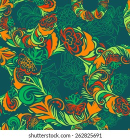 Seamless pattern.The composition of the carpal elements of painting.Contrast and vivid colors. Green, red, orange details arranged in a circle. Template for fabric, wrapping paper. 5 spot colors.