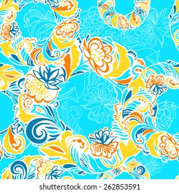 Seamless pattern. The composition of the carpal elements of painting.. The leaf whorl ,flower in combination with a contour pattern.Template for fabric, wrapping paper. 5 spot colors.