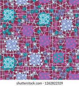 Seamless pattern. The composition consisting of squares
  located on the background of the abstract lattice. Suitable for decoration of children's clothes and interiors.