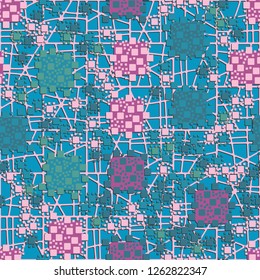 Seamless pattern. The composition consisting of squares
  located on the background of the abstract lattice. Suitable for decoration of children's clothes and interiors.