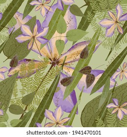 Seamless pattern, composition of dried clematis flowers, olive, acacia leaves. For fabric, background, wallpaper, textile, cover design.
