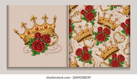 Seamless pattern, composition with golden crown, scattered jewelry, pearl necklaces, bouquet of red roses. Chaotic scattered objects on light background. Luxury kitsch vintage style.