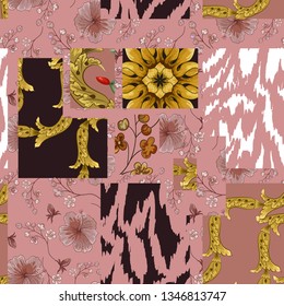 Seamless pattern with a composition of retro flowers and tiger stripes.