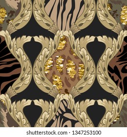 Seamless pattern with a composition of retro flowers, stripes of a tiger and spotted jaguar.