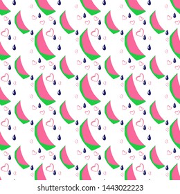 Seamless pattern of composition of ripe slices and watermelon seeds, for the decoration of the fabric, hand-drawn image in vector