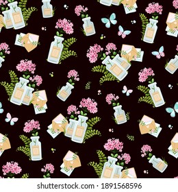 Seamless pattern with compositions from jars with bouquets and an envelope with a fern. Suitable for textiles, wallpaper, wrapping paper, packaging. Anniversary, Save the Date, Wedding, Birthday.