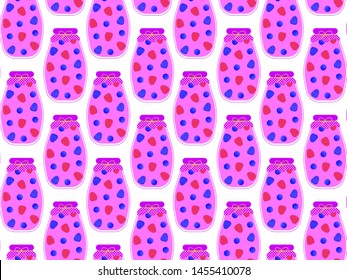 Seamless pattern. Compote from raspberries, blackberries and blueberries in glass jars on a white background. Vector.