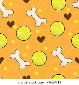 A seamless pattern comprised of brown hearts, tennis balls and white bones, over a caramel color background with yellow circle and dot accents.