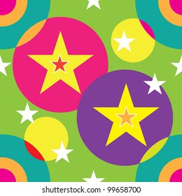 A seamless pattern comprised of circles and stars and light colors.
