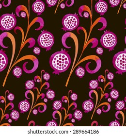 seamless pattern comprised of stylized images of trees with pomegranates, watercolor