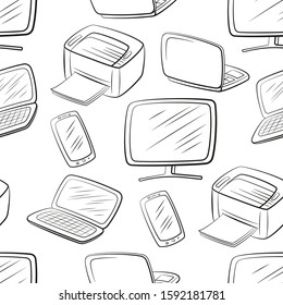 Seamless Pattern, Computer Equipment Icons Monitor, Printer, Laptop and Smartphone. Office Digital Electronics. Black Pictograms Isolated on Tile White Background. Vector