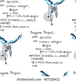 Seamless pattern with computer facilities, and software code fragment