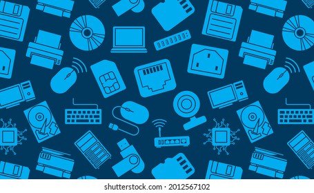 Seamless pattern with computer Hardware icons on blue background.