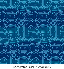 Seamless pattern from a computer microcircuit. Blue background from microprocessors and chips. Vector illustration on the topic of informatics, technology, programming, IT industry.