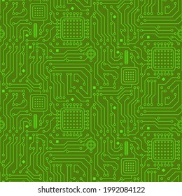 Seamless pattern from a computer microcircuit. Green background from microprocessors and chips. Vector illustration on the topic of informatics, technology, programming, IT industry.