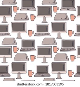Seamless Pattern with computer, monitor, laptop, closed laptop, cup. Doodle style device symbols. For printing wrapping paper, packaging, fabric. Hand Drawn vector illustration.