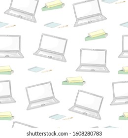 Seamless pattern with computer. Vector illustration. Laptop on white. For wrapping paper, fabric, cover