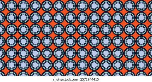 Seamless pattern of concentric circles with light blue centers on an orange background, creating a bold and retro geometric design