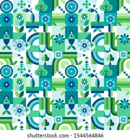 Seamless pattern of concentric circles, polygons, flowers, crayons and fish. Blue and green shades of color.