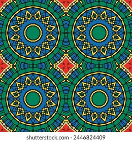 Seamless pattern with a concentric design and a predominance of green and blue colors. Vector illustration