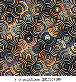 Seamless pattern. Concentric multicolor circles on a black background. Striped geometric texture. Retro vintage design of a traditional japanese motif. Vector image for textile, wrapping, and print. 