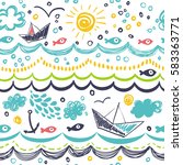 Seamless pattern in the concept of children's drawings. Seamless pattern with ships, fish, sun, clouds, sea and waves.
