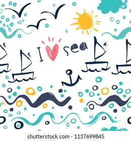 Seamless pattern in the concept of children's drawings. Seamless pattern with ships, fish, sun, clouds, sea and waves.
