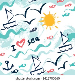 Seamless pattern in the concept of children's drawings. Seamless pattern with ships, fish, sun, clouds, sea and waves. 