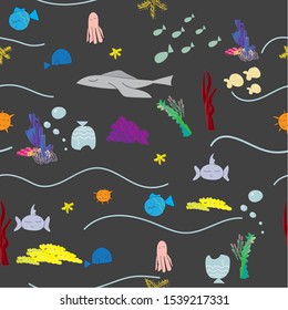 Seamless pattern in the concept of children's drawings. Seamless pattern with ships, fish, sun, clouds, sea and waves.
