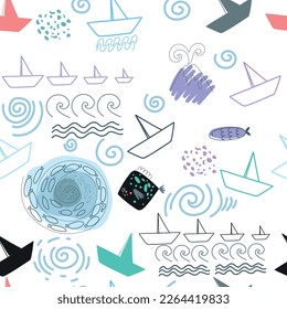 Seamless pattern in the concept of children's drawings. Seamless pattern with ships, fish, sun, clouds, sea and waves.