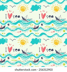 Seamless pattern in the concept of children's drawings. Vector background "I love the sea"