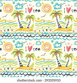 Seamless pattern in the concept of children's drawings. Vector background "I love the sea"