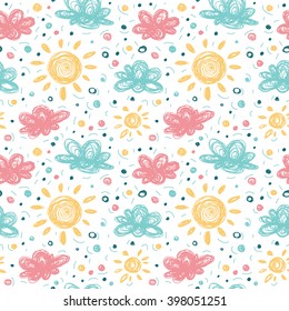 Seamless pattern in the concept of children's drawings. Background with sun and clouds.