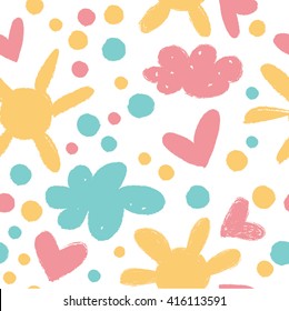 Seamless pattern in the concept of children's drawings. Background with sun and clouds.