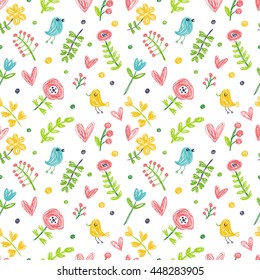 Seamless pattern in the concept of children's drawings. Background with flowers, hearts and birds.