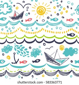 Seamless pattern in the concept of children's drawings. Seamless pattern with ships, fish, sun, clouds, sea and waves.
