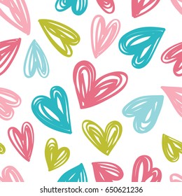 Seamless Pattern In The Concept Of Children's Drawings. Background With Hearts In Pastel Colors. Great For Baby, Valentine's Day, Mother's Day, Wedding, Scrapbook, Surface Textures.