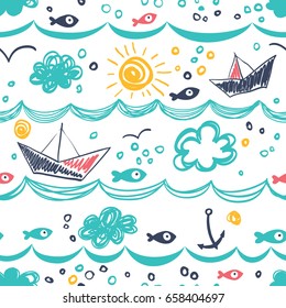 Seamless pattern in the concept of children's drawings. Seamless pattern with ships, fish, sun, clouds, sea and waves.